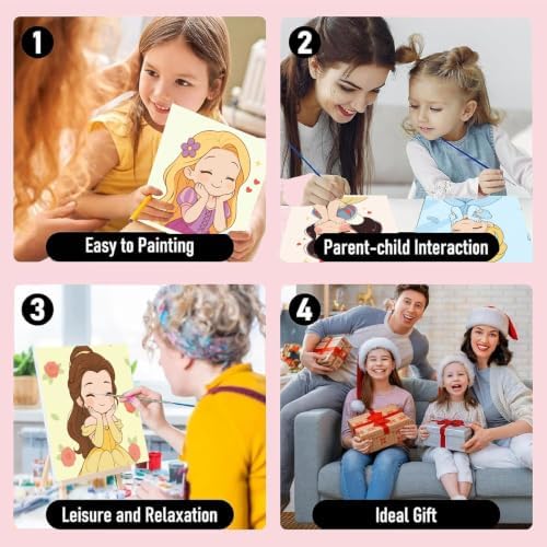 Fuinkqe 4 Packs Cartoon Paint by Numbers Kits for Kids Framed,Paint by Numbers for Girls Ages 8-12 with Framed Canvas and Wooden Easel,Paint by Numbers for Kids with Nice Boxs for Gifts 8X8 Inch