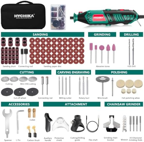 HYCHIKA 8000-35000 RPM Variable Speed Rotary Tool Kit with 179 Pcs Accessories, 180W Power Rotary Tool with Grinding Chain Bracket Flex Shaft for Wood Carving, Grinding, Cutting, Sanding, Polishing