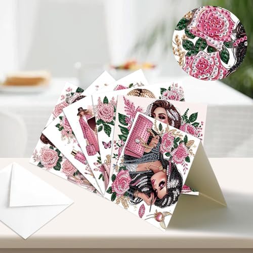 antor 6 Pack 5D Diamond Painting Greeting Cards, Elegant Woman with Floral Design DIY Diamond Art Cards with Envelopes, Handmade Rhinestone Birthday Wedding Thank You Cards for Adults