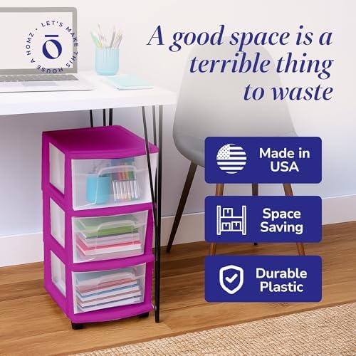 HOMZ Drawer Tower, 3-Tier Storage Cart with Removable Wheels, Purple Frame