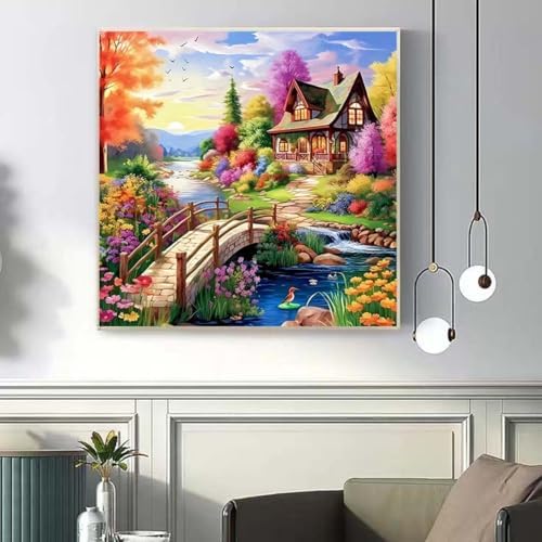 House Diamond Art Painting Kits for Adults,Stream Landscape 5D Round Full Drill Diamond Art Kits for Adults,DIY Flower Diamond Dot Painting Gem Art Kits for Adult,Home Wall Decor 13.79 X 13.79Inch