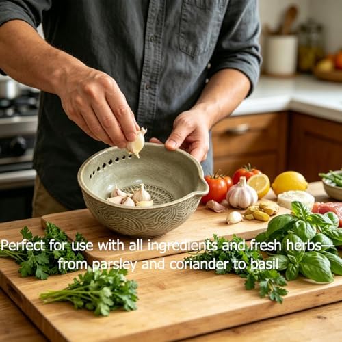 Ceramic Grater Bowl, 2-in-1 Garlic Grater & Herb Stripper (blue, 7Holes)