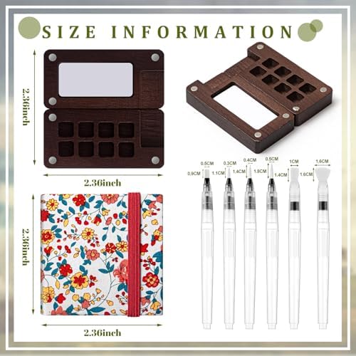 Qilery Mini Portable Watercolor Palette Set Wooden Grid Paint Box Watercolor Paper Sketch Book Brush Pens with Binder Clip for Painters Artist Not Include Paint(Red Flowers)