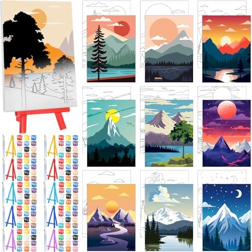 Blosssound 10 Set Pre Printed Canvas Pre Drawn Canvas Painting with Easel Kits 5" x 7" Outline Painting Panels for Beginners, DIY Craft Project, Party Favor, Home Decors(Sunset)