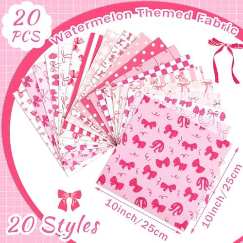 HunnmingRe 20 Pcs 10''x10'' Coquette Pink Bow Quilting Fabric Squares
