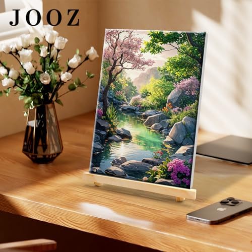 JOOZ Paint by Numbers Kit for Adults with Frame, Landscape Paint by Number Canvas, Mountain Paint by Numbers with Easel, DIY Flowers Scenery Oil Painting Kit for Home Wall Decor 8 x 12 Inch