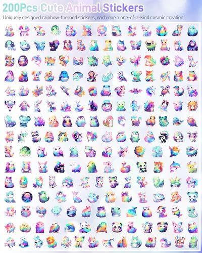 200 Pcs Cute Rainbow Animal Stickers Pack for Kids Girls Teens