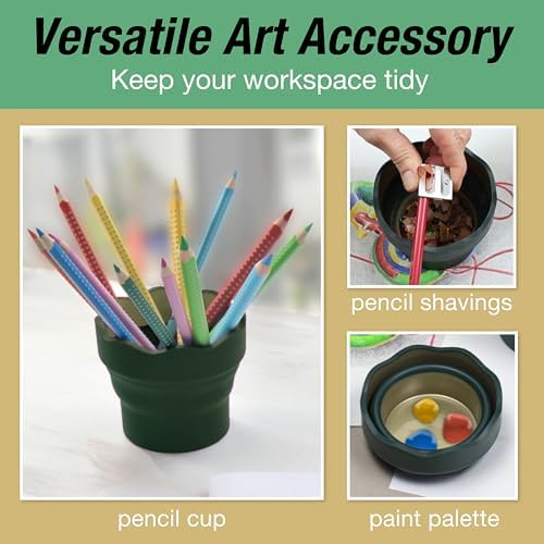 Faber-Castell Clic & Go Artist Water Cup, Dark Green - Travel-Friendly Collapsible Brush Cleaner Tool with Brush Stand, Scalloped Rim, Non-Slip Base, Portable Palette & Rinser