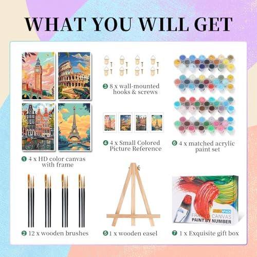 Camocin 4 Pack Framed Paint by Numbers Kit for Adults with Wooden Easel | Paris London Rome European Cityscape Artwork, DIY Canvas Painting Set, Home Wall Decor, Beginner Friendly, 8x12 Inch
