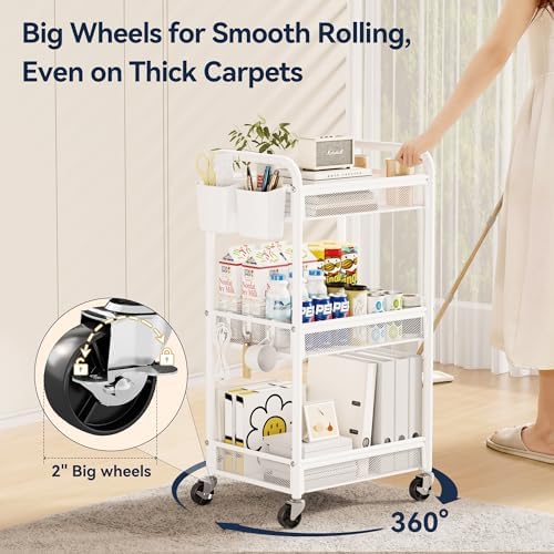 YASONIC 3 Tier Metal Rolling Cart, White Utility Storage Cart with Wheels | Metal Mesh Craft Cart With Hooks & Hanging Cups, Ideal For Kitchen, Bathroom, Office, Dorm, Art Workspace, Bedside Storage