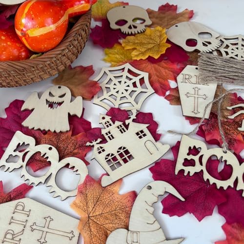 60PCS Unfinished Blank Wooden Halloween Cutouts Craft for Kids | suit for Children's Painting DIY Room Decoration Gift Giving Surprise (Halloween)