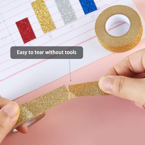 Gold Glitter Washi Tape 2 Rolls, Sparkle Decorative Tape for DIY Crafts Scrapbooking Journaling, Sticky Colored Masking Tape for Art, Wall Decor Gift Wrapping (0.6in x 11Yard)