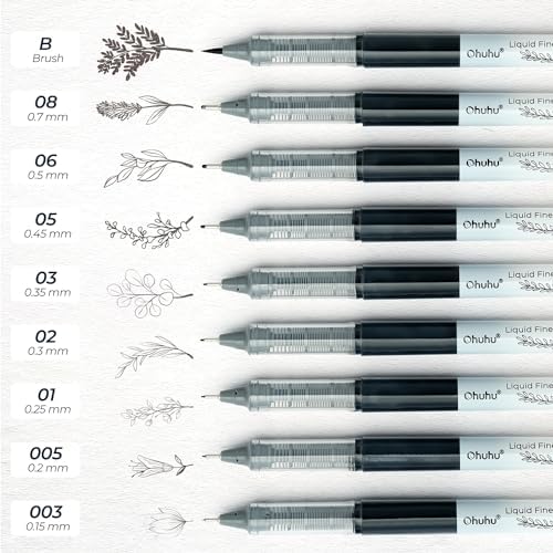 Ohuhu 9 Sizes Liquid Micro Fineliner Drawing Pens | Pigment Black Ink Water-proof Alcohol-proof Assorted Point Tips Smooth Writing Sketching Journaling Anime Artist Beginners