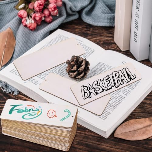 FSWCCK 50 Pcs 6 x 2 Inch Large Size Blank Wooden Gift Tags Labels Unfinished Wooden Book Markers Ornaments with Holes and Ropes for DIY Crafts, Wedding Birthday Party Decors