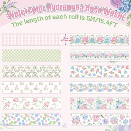 12Rolls Vintage Hydrangea Washi Tape for Journaling Scrapbooking