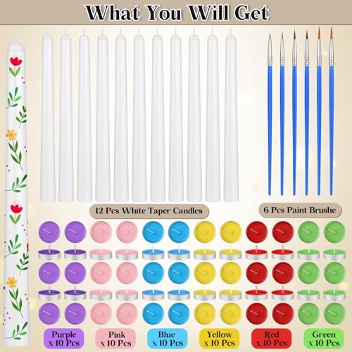 MTLEE 78 Pcs DIY Candle Painting Kit Include 12 White Taper Candles 60 Colored Tealight Candles 6 Paint Brushes for Crafts Birthday Wedding Party Favors(Multi Color)