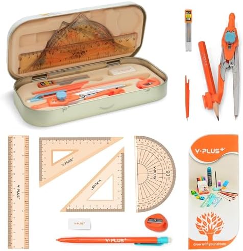 YPLUS Geometry Set, Protractor and Compass Set for Students, 12Pcs | Compass Drawing Tool with Metal Case, Rulers, Protractor, Mechanical Pen, Back to School Supplies for Students
