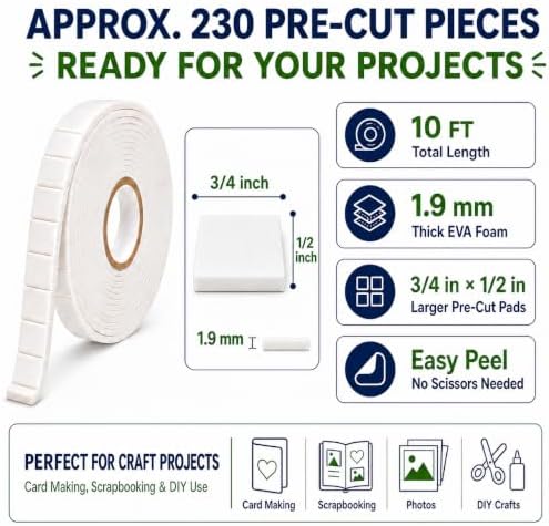 Double Sided Foam Tape, 10 FT Pre-Cut EVA Foam Tape, Approx. 230 Larger Foam Pads, 3/4 x 1/2 in Adhesive Foam Squares, 1.9mm Thick for Card Making, Scrapbooking, Photos, Crafts DIY