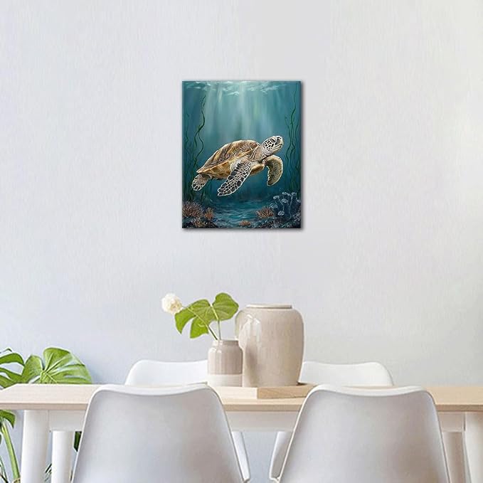 TUMOVO Painting by Numbers Canvas, Adult Paint by Number - Sea Turtle Swimming in a Vibrant Coral Reef Ocean, Underwater Marine Life Art, Paint by Numbers Kit for Adults, 16x20 Inch(Framed)