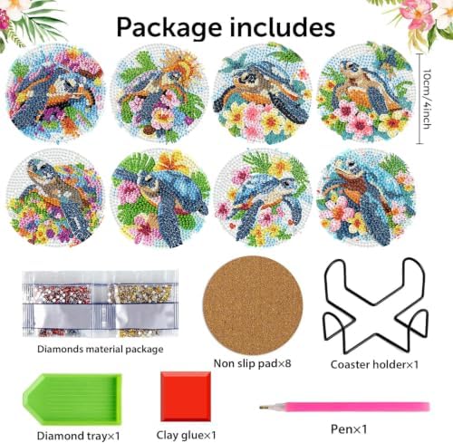 Sea Turtle Diamond Art Coasters Kit, 8 Pieces Diamond Painting Coasters Kit