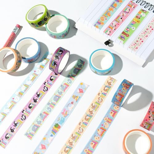 Cats Books Washi Tape - 24 Pcs Cute Trendy Colored Aesthetic Stacking Book Decorative Cat Paw Artistic Photo Scrapbook Masking Sided Adhesive Tape Set Supplies DIY Craft Bookish Gift Wrapping