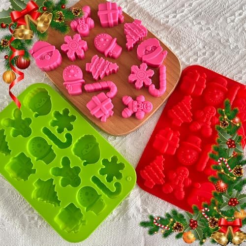 Christmas Silicone Chocolate Molds, 2 PCS Candy Baking Moulds,3D Xmas Tree Snowflake Cane Gingerbread Man Snowman Santa Claus Shape Mold Candy for Chocolate Gummy Soap(Red and Green)