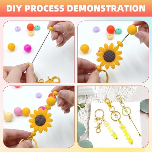 48 Pcs Beadable Keychains Bars bulk - 24 Gold DIY Metal Beaded Keychain Making Kit + 24 Bags Included, Bead Keychain Supplies,Blank Key Chain, Perfect for Women, Men, Mother's Day, Birthday Gift