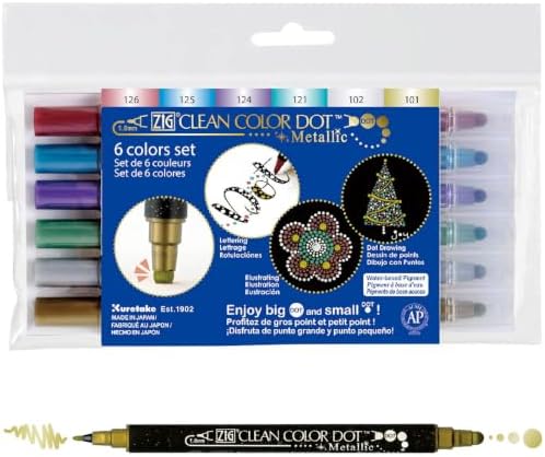 Kuretake CLEAN COLOR DOT Metallic Dual tip markers 6 Colors set, 0.5mm fine tip and a flexible dot tip, for Journals, Crafts, Illustration, Lettering, Planners, for Adult, Made in Japan