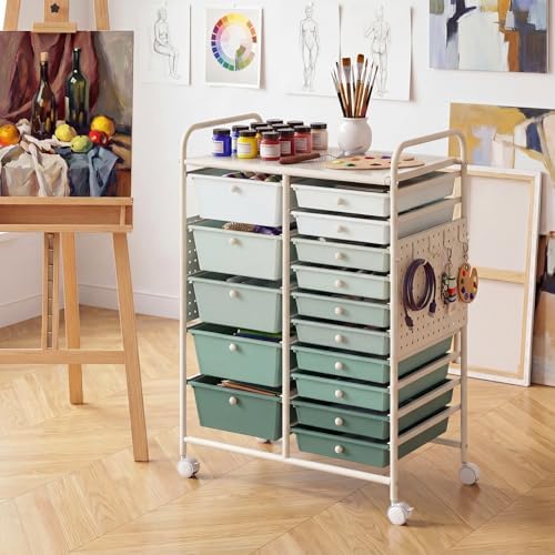 GOFLAME 15-Drawer Rolling Storage Cart with Pegboard, Craft Storage Cart with Lockable Wheels and Metal Frame, Art Cart Supply Storage Organizer for Home Office Classroom, Green Gradient