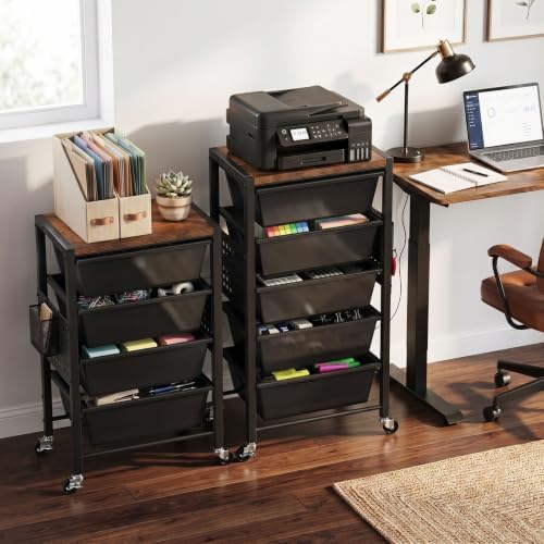 Rolling Cart with 5 Drawers, Plastic Drawer Storage Carts with Wheels & Wooden Tabletop, Metal Utility Cart with Pegboards, Office Living Room Classroom Craft Organization and Storage, Dark Black