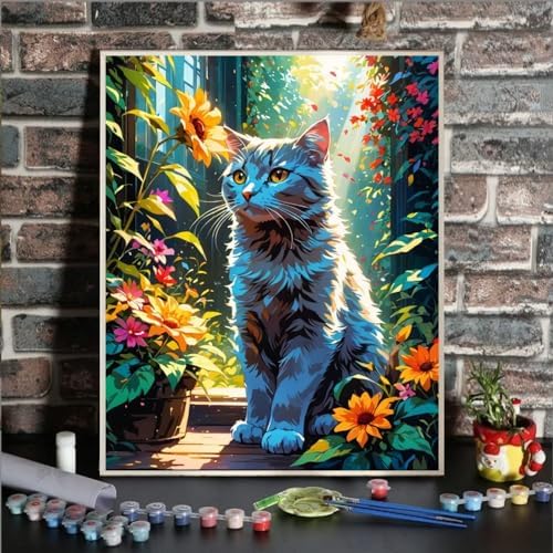 ldazao Cat Framed Paint By Numbers Kit for Adults Canvas Cats Sunflower Adult Paint By Number Artist Kits for Beginner DIY Easy Cat Garden Flower Oil Painting Home Room Decor Gift 9.5x12 Inch