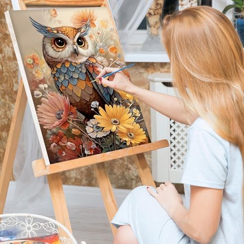Bowetile Paint by Numbers Owl Kit for Adults, Framed Painting by Numbers Animal, Adults' Paint-by-Number Kits on Canvas, Acrylic Flower Number Painting Gifts for Home Wall Decor, 8x12in