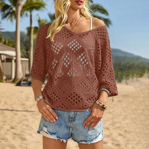 Bohemian Crochet Tops for Women 3/4 Sleeve V-Neck Open Knit Pullover Beach Cover Ups Hollow Out Boho Vacation Blouse