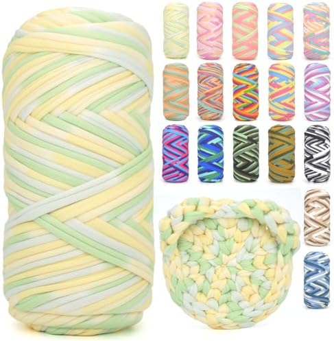 Tshirt Yarn for Crocheting,Rainbow T Shirt Chunky Elastic Fabric Thick T-Shirt Crochet Yarn for Beginners Crocheting Hand Knitting Bag/Basket/Coasters/DIY Crafts/Home Decor 200G-Green Yellow