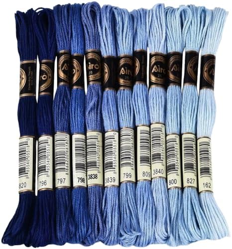 105 Yards 12 Skeins Gradient 6 Strands Marine Blue Cross Stitch Thread Polyester Variegated Embroidery Floss Friendship Bracelet String Assorted Bulk for Hand Sewing Making Knitting Supply