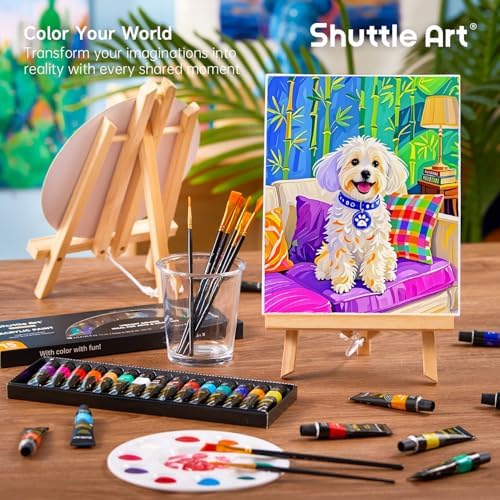 Shuttle Art 58 Pack Painting Kit for Adults and Couples, Sip and Paint Kit for Date Night and Crafts, with 2 Pack of 15 Colors Paint, 2 Wooden Easels, Canvas, Brushes & Palettes