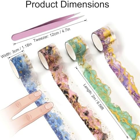 4 Rolls Gradient Watercolor PET Tape Stickers for Journaling Gold Foil Aesthetic Scrapbooking Supplies with Pink Tweezers Clear Junk Journal Accessories Decorative Craft Set