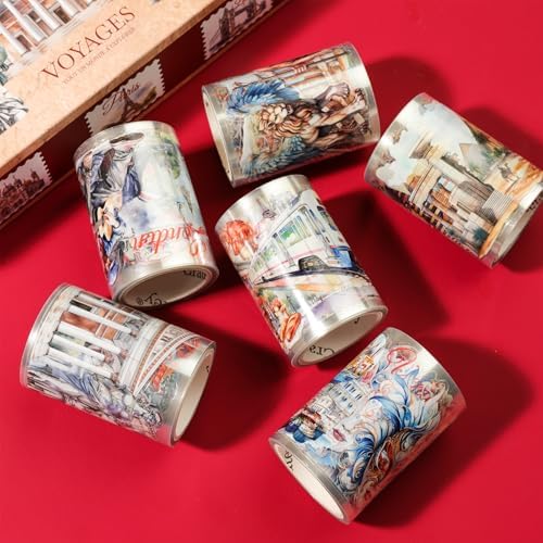 6-Roll Pre-Cut Travel Diary Wide PET Washi Tape Set - Transparent Scrapbooking Supplies, Journaling, and Crafting - Decorative Stickers, Planner Arts, and Collage