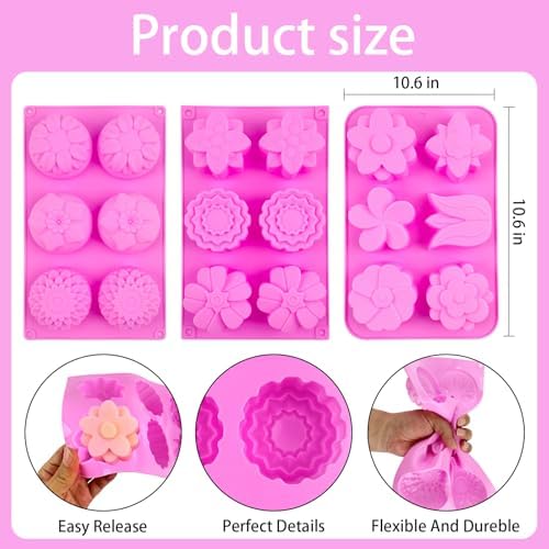 Silicone Soap Molds 3 Pack 6 Cavities Different Flower Shapes Silicone Mold for Handmade Soap Bath Bombs Lotion Bar Candle Chocolate Desserts Biscuit Pudding Teacake Jelly