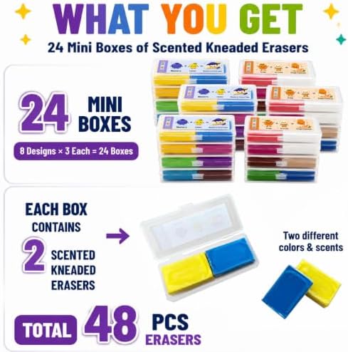Scented Kneaded Erasers, 10 Colors & 10 Scents, Soft Kneadable Erasers for Drawing, Sketching, Graphite & Charcoal, Putty Eraser with Individual Storage Cases (24, 10 Colors)