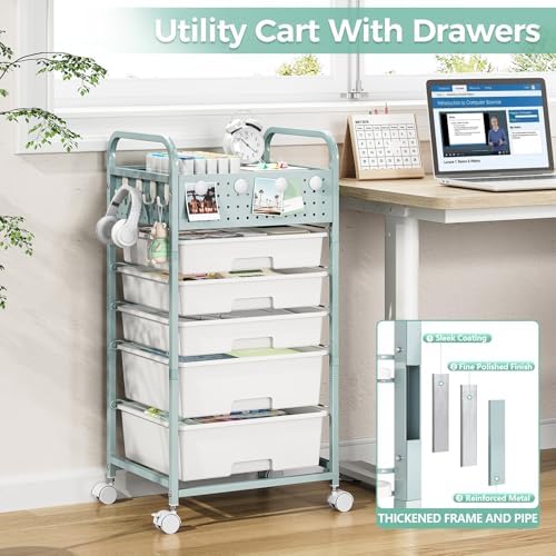 SYKIARIOL Drawer Rolling Storage Cart with Pegboard Top and Hooks, Green, 4-Drawers