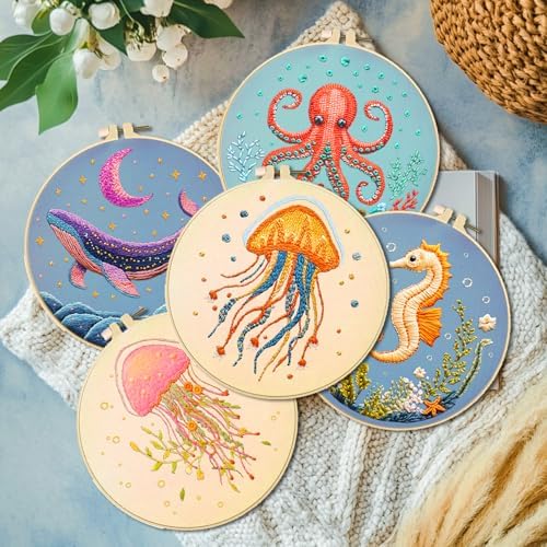 ACRNIGHEET 6PCS Embroidery Kit for Adults Beginners, Sea Animals Embroidery Starter Kit, Stamped Cross Stitch Kits for Crafts Lovers Gift Idea, Include Instructions 6 Stamped Embroidery Cloth 2 Hoop