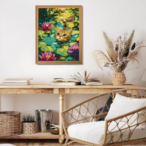 Paint by Numbers Kit for Adults-Pond Cat,DIY Canvas Oil Painting 10x12In