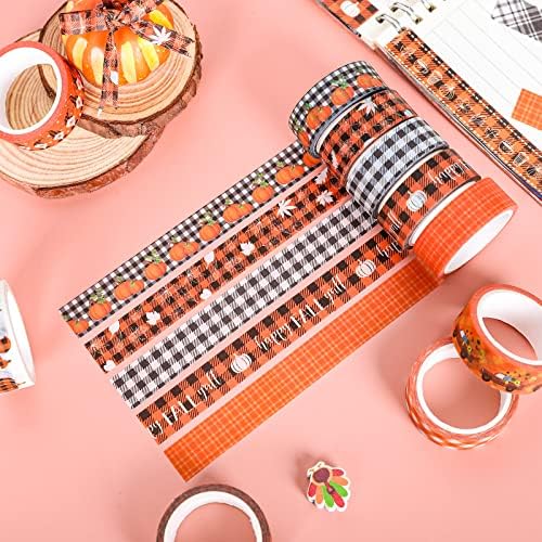 Whaline 12 Rolls Fall Plaid Washi Tapes Colorful Buffalo Plaid Autumn Pumpkin Truck Maple Leaves Gnome Pattern Masking Tape Decorative Tape for Fall Scrapbook Journal DIY Craft Gift Wrapping, 0.6Inch