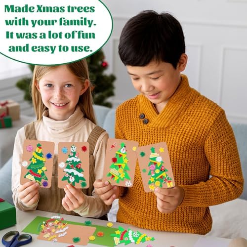 Whaline 420 Pcs Christmas Card Making Craft Kit with Xmas Tree Pom Pom Stickers & Envelopes Handmade Invitation Greeting Card Supplies for Holiday DIY Crafts Party Decor