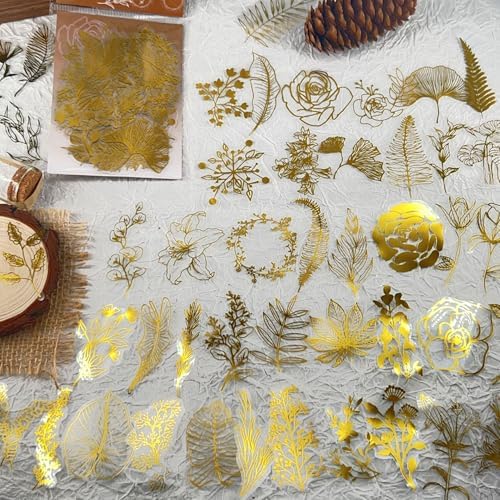 50PCS Boughs and Flowers Stickers Aesthetic PET Stickers Gold Stamp Decal Waterproof Decorative Decals for Scrapbook DIY Crafts Album Bullet Journal Planner Water Bottles Laptop Phone (Gold Stamp-C)