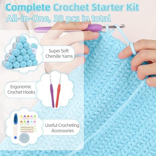 Aeelike Crochet Blanket Kit for Beginners, Easy Soft Crochet Kit, Blue