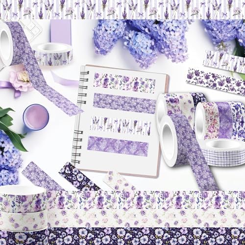 12 Rolls Purple Flower Washi Tape Set, 15 mm x 5 Meters Vintage Flower Decorative Masking Tape, Purple Rose Lavender Patterned Washi Tapes for DIY Craft, Scrapbook, Journal, Gift Wrapping