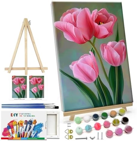 ATDMS Paint by Numbers Kit for Adults with Frame Flowers Paint by Number with Easel DIY Tulip Adult Paint by Number Kits Oil Painting Kits for Gift Home Wall Decor 8x12 Inch