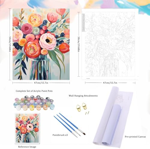 Natuyalo Flowers Paint by Numbers Kit for Adults - Flowers in a Vase Paint by Number on Canvas Without Frame, DIY Acrylic Painting for Ideal Gift Home Wall Decor (16x20 Inch)